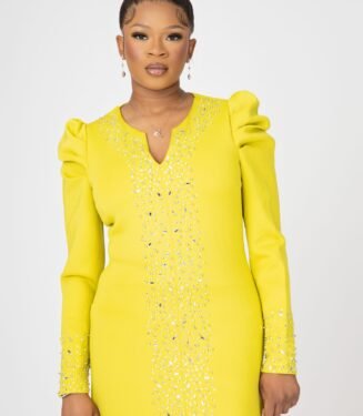 Lady Rhinestone Dress - Radiant Lime Green Shimmering Midi