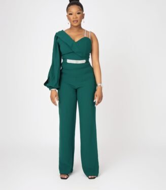 Bling Strap Jumpsuit - Emerald Green Embellished Evening Wear