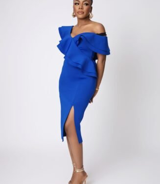 V-Neck Slit Dress - Elegant Deep Blue Evening Midi