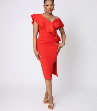V-Neck Slit Dress - Fiery Red Daring Evening Gown