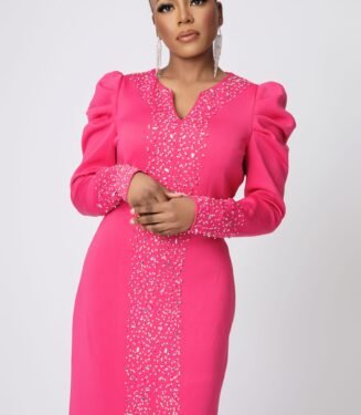 Lady Rhinestone Dress - Enchanting Pink Shimmering Midi