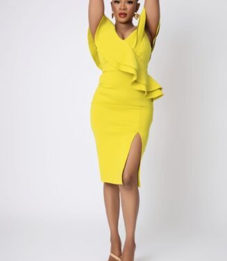 V-Neck Slit Dress - Radiant Lime Green High-Fashion Midi