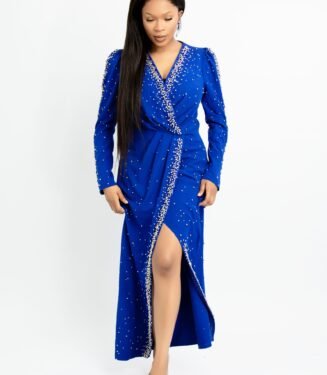 Pearly Azure Evening Gown - Sophisticated Pearl Embellished Formal Dress