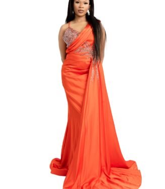 Vibrant Orange Deco Prom Gown - Bold Art Deco Inspired Formal Dress